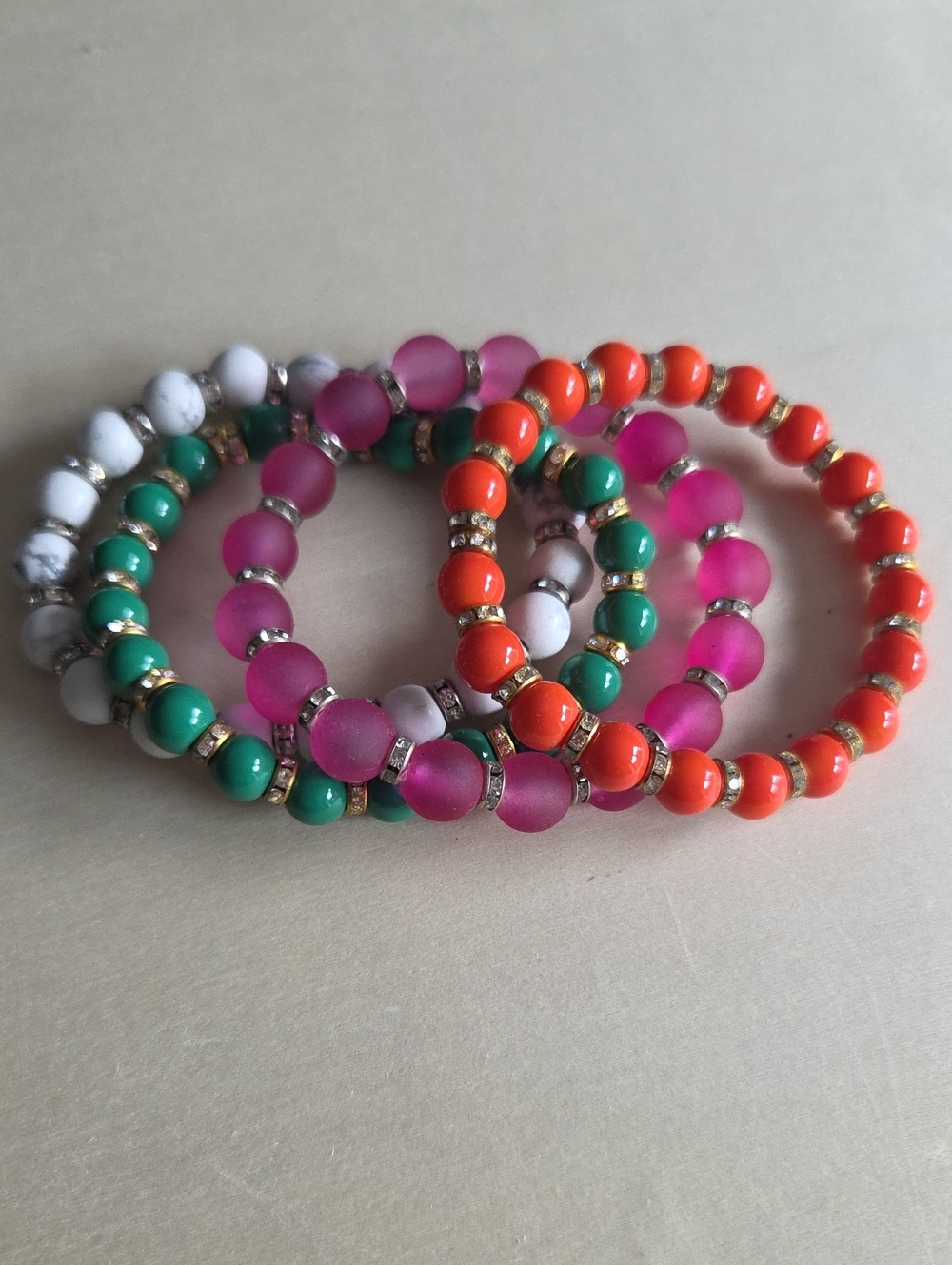 Colorful Beaded Stretch Bracelet Set - Pink, Orange, Green, White